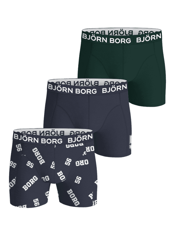 Cotton Stretch 56 Boxers 3-pack i grönt, marinblått och mönstrat med vit logotyp på resåren i mjuk bomullsstretch.
