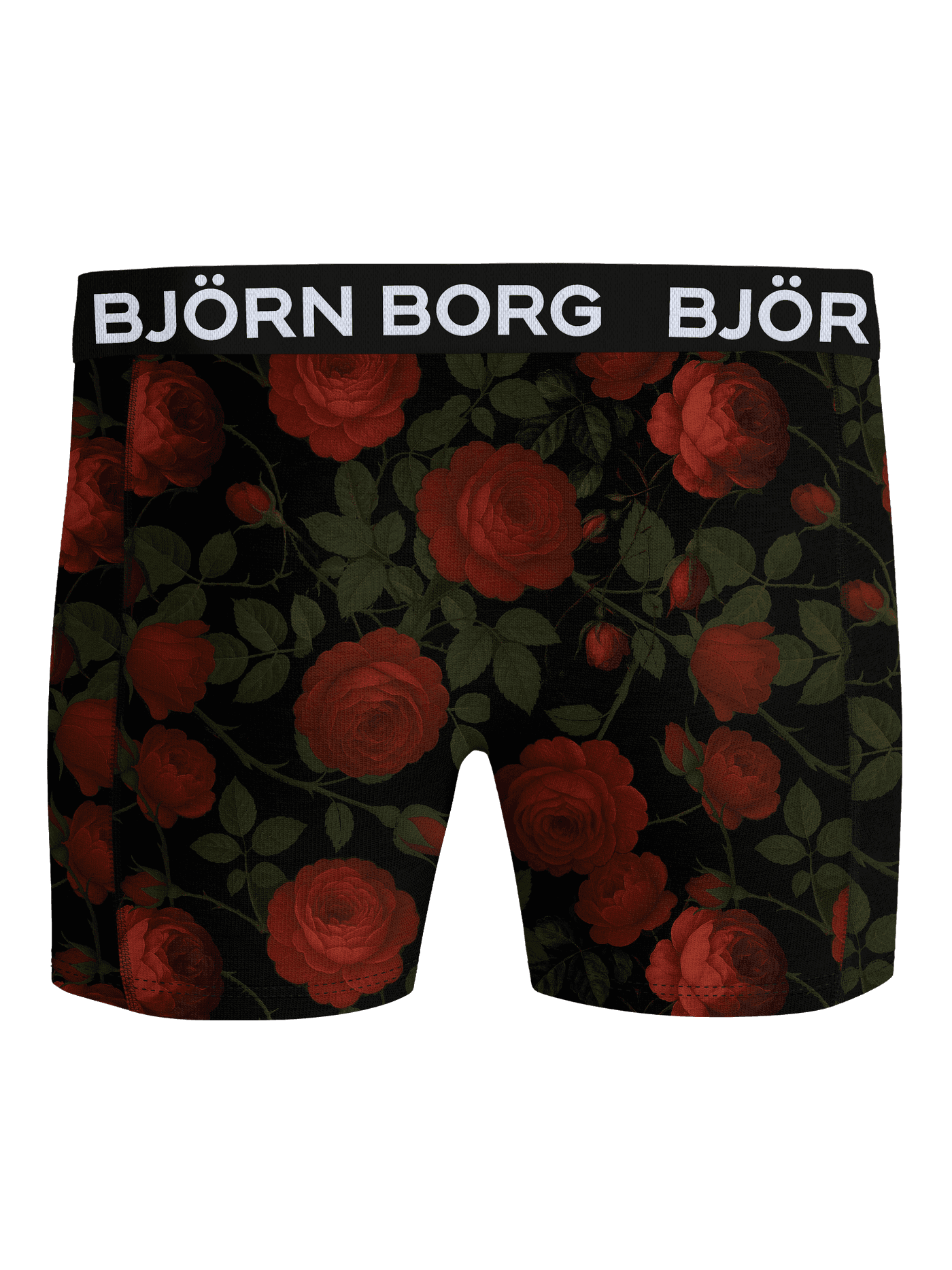 Front view of the Björn Borg Microfiber Boxer 1-pack in Roses Are Red 1 (Red) with a rose print and white logo waistband. - Image 2