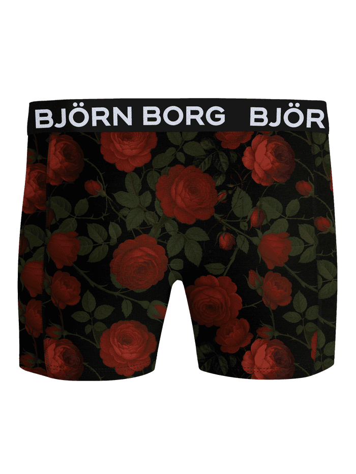 Front view of the Björn Borg Microfiber Boxer 1-pack in Roses Are Red 1 (Red) with a rose print and white logo waistband. - Image 2