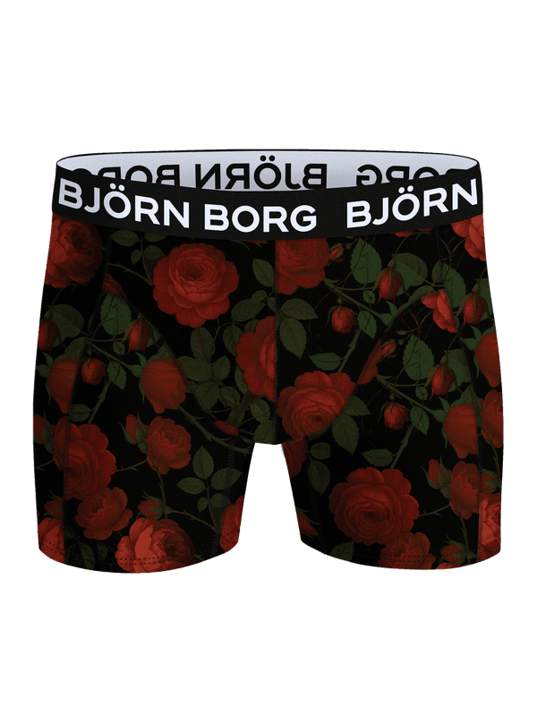 Front view of the Björn Borg Microfiber Boxer 1-pack in Red, featuring a floral rose print and a white logo.