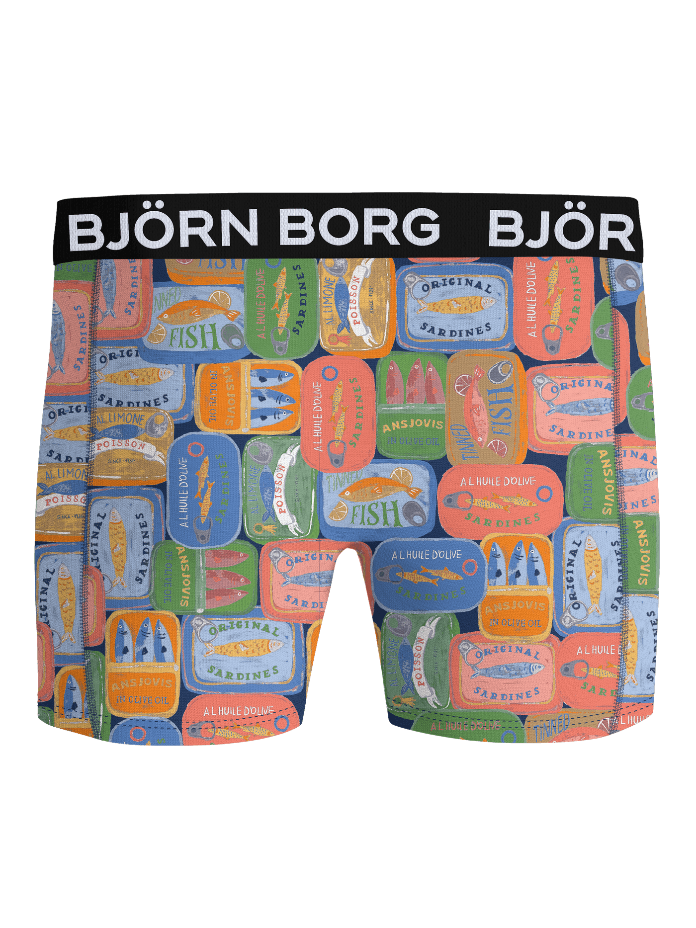 Microfiber Boxer 1-pack i blå, grøn, orange og rød med sardinprint og hvidt logo set forfra. - Image 2