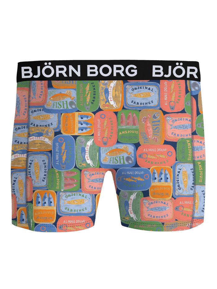 Front view of the stylish Microfiber Boxer 1-pack in blue, green, orange, and red with a sardine print and white logo. - Image 2