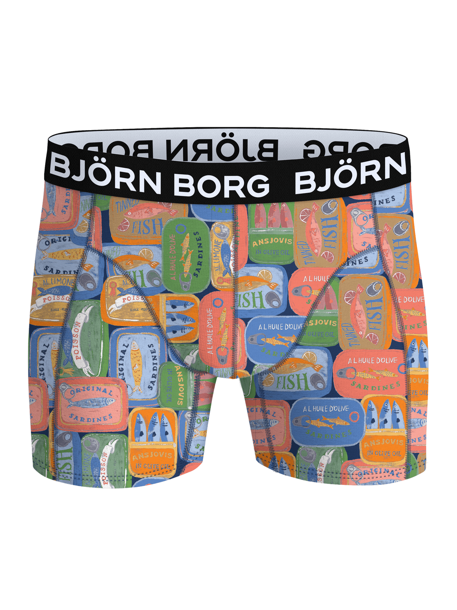 Vorderansicht der Microfiber Boxer 1-pack mit Sardinen-Print in Blau, Grün, Orange und Rot sowie weißem Logo-Bund. - Image 1