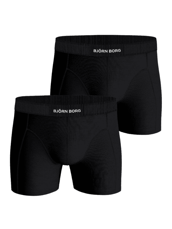 Front view of the Organic Cotton Stretch Boxers 2-pack in Black (Black), functional men's boxer briefs with white logos.