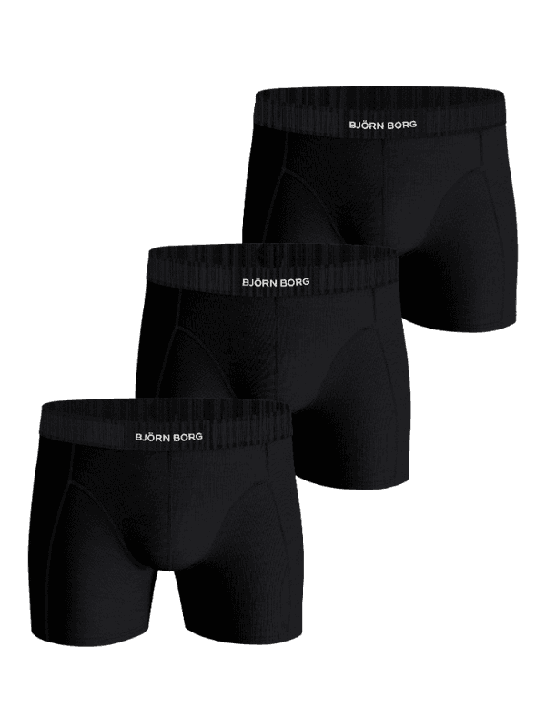 Organic Cotton Stretch Boxers 3-pack in black, featuring men's mid-rise boxer briefs with white logo microfiber elastic.