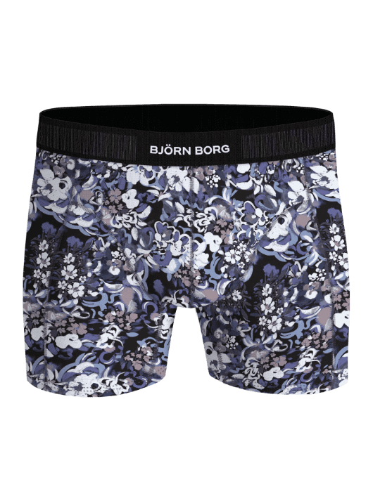 Vorderansicht der Organic Cotton Stretch Boxers 3-pack Boxer Briefs mit floralem Print in Navy Blue und schwarzem Logobund. - Image 4