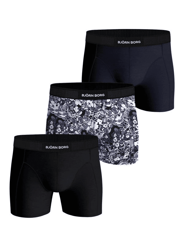 Organic Cotton Stretch Boxers 3-pack in navy, black, and floral print featuring soft logo elastic for style and function.