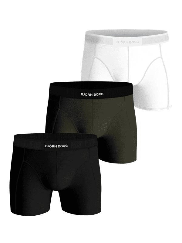 Björn Borg Organic Cotton Stretch Boxers 3-pack in white, green, and black with soft microfiber logo waistbands.