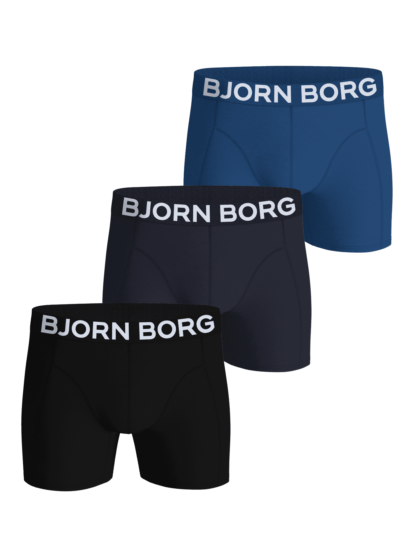 Organic Cotton Stretch Boxers 3-pack i svart, marinblått och blått med vit logotyp på midjeresåren. - Image 1