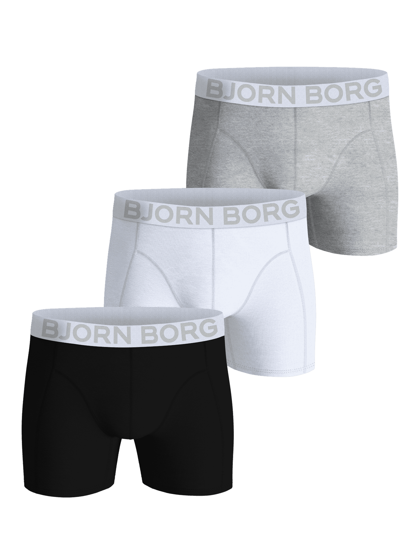 Organic Cotton Stretch Boxers 3-pack featuring black, white, and grey boxer briefs with signature logo waistbands. - Image 1