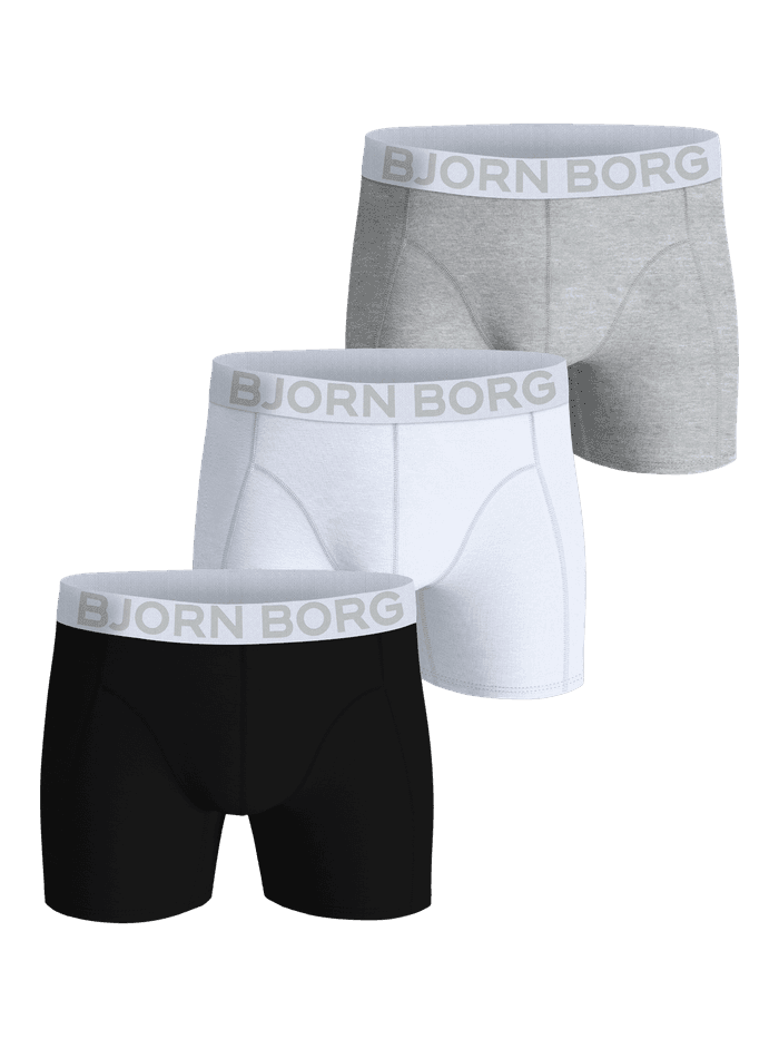 Organic Cotton Stretch Boxers 3-pack featuring black, white, and grey boxer briefs with signature logo waistbands.