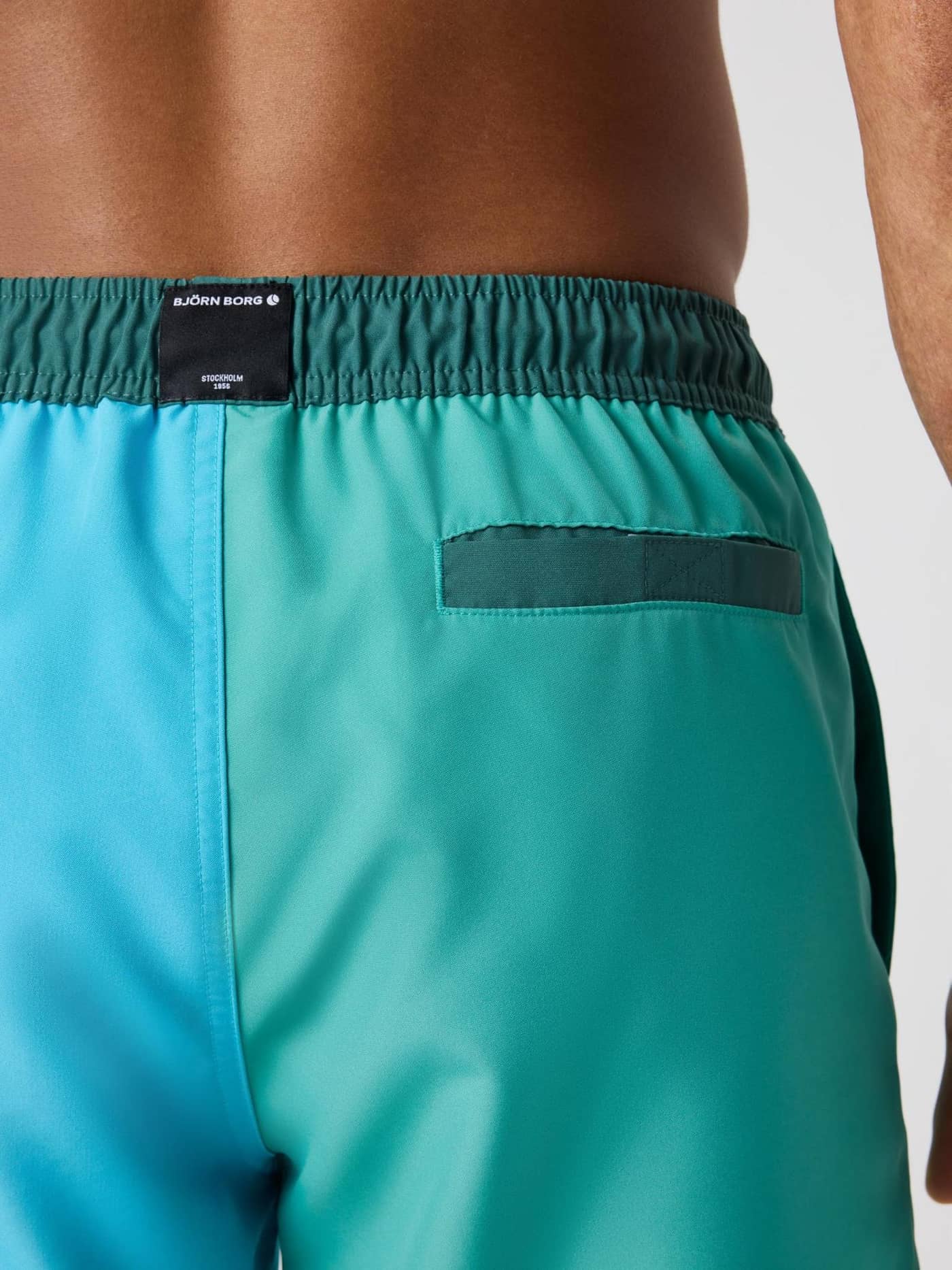 Detailed back view of the Borg Blocked Swim Shorts in Sea Blue (Blue) featuring a back pocket and stylish black logo label. - Image 4
