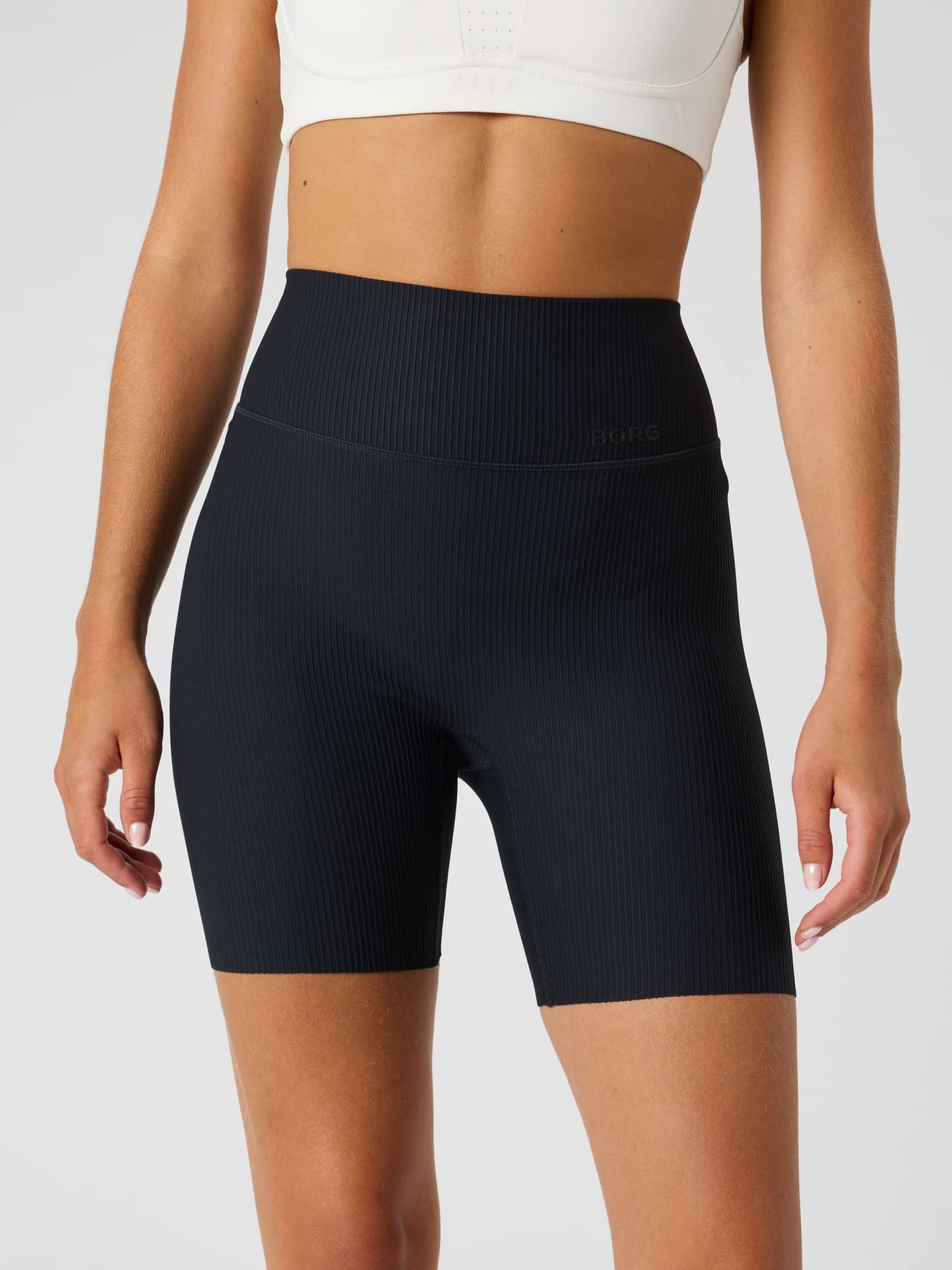 High-waisted Björn Borg Studio Ribbed Shorts in Black Beauty (Black) for training, featuring a tonal BORG hip logo. - Image 2