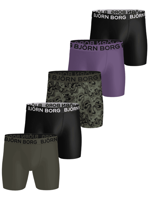 Sports Microfiber Boxers 5-pack noir, violet et vert à imprimés en microfibre pour l'entraînement avec logo blanc et noir.