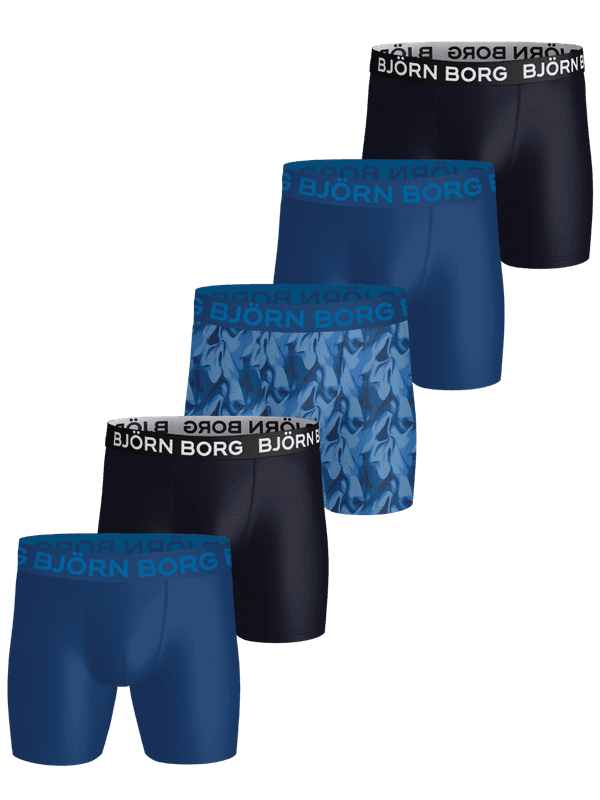 Sports Microfiber Boxers 5-pack bleu marine, bleu et imprimés pour l'entraînement avec logos blanc et bleu.