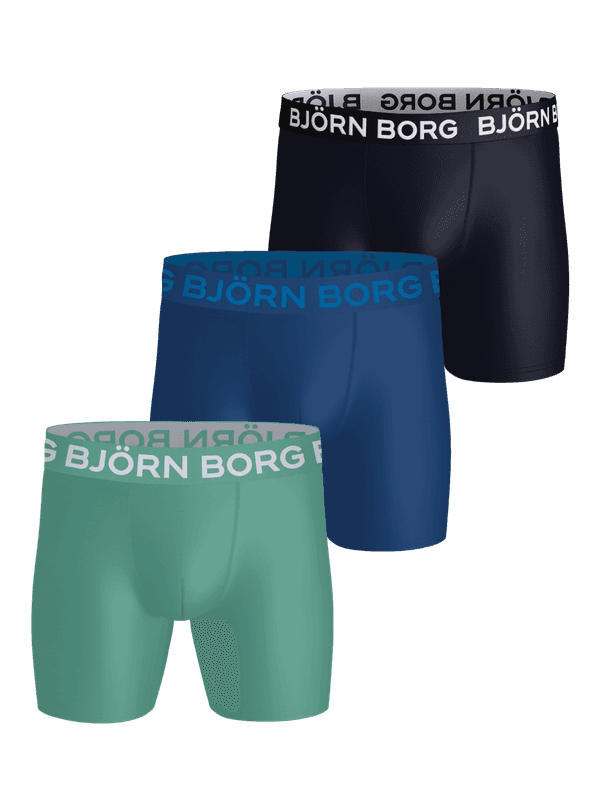 Sports Microfiber Boxers 3-pack bleu marine, bleu et vert en microfibre pour l'entraînement avec logos blancs et bleus.
