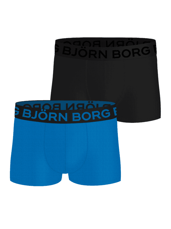 Front view of Björn Borg Sports Mesh Trunks 2-pack in black and blue, with black logo waistbands and mesh for training.