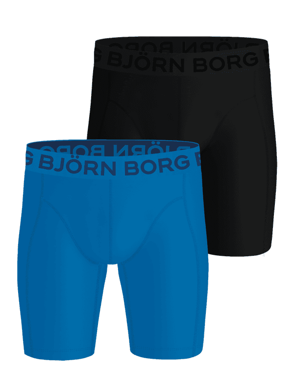 Sports Lightweight Long Leg Boxers 2-pack noir et bleu, boxers d'entraînement en microfibre avec logo ton sur ton.
