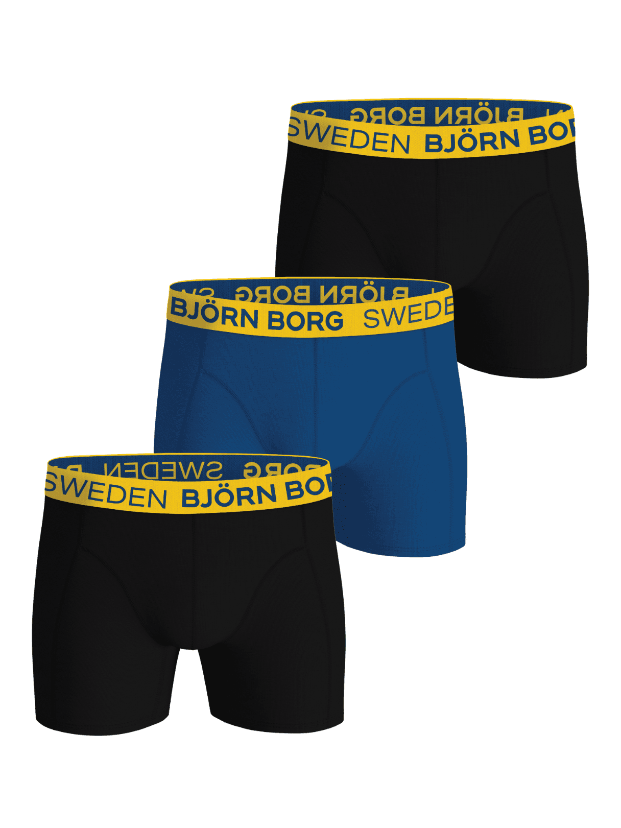 Cotton Stretch Boxers Sweden 3-pack für Herren in Schwarz und Blau mit gelbem Schweden-Branding auf drei Boxer Briefs. - Image 1