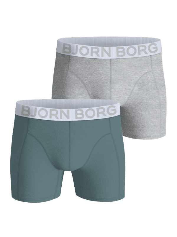 Organic Cotton Stretch Boxers 2-pack in grey and teal, featuring an iconic logo waistband on functional boxer briefs.