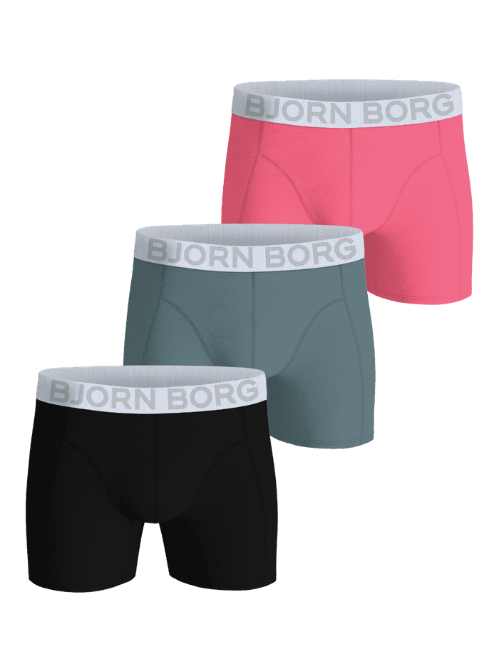 Organic Cotton Stretch Boxers 3-pack for men in black, pink, and teal featuring boxer briefs with a grey logo waistband.