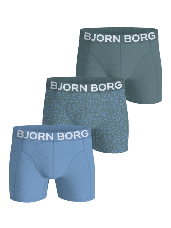 Organic Cotton Stretch Boxers 3-pack in blue, grey, and a floral print are men's boxer briefs offering functional style.