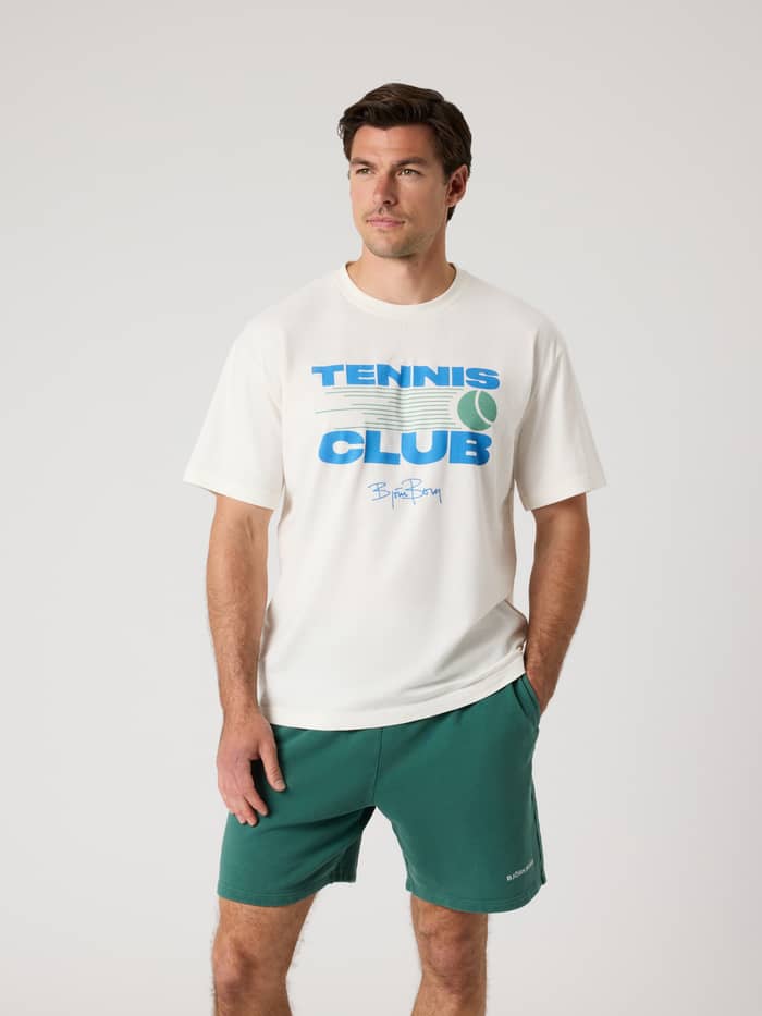 Borg Classic Print T-Shirt i Tofu (Vit) för herrar sedd framifrån i bomull med sportig tennisgrafik.