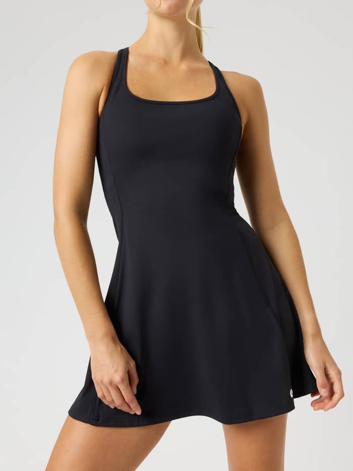 Ace Scooped Racerback Dress in Black Beauty (Black) with a slim fit and white tennis ball logo for tennis and padel.