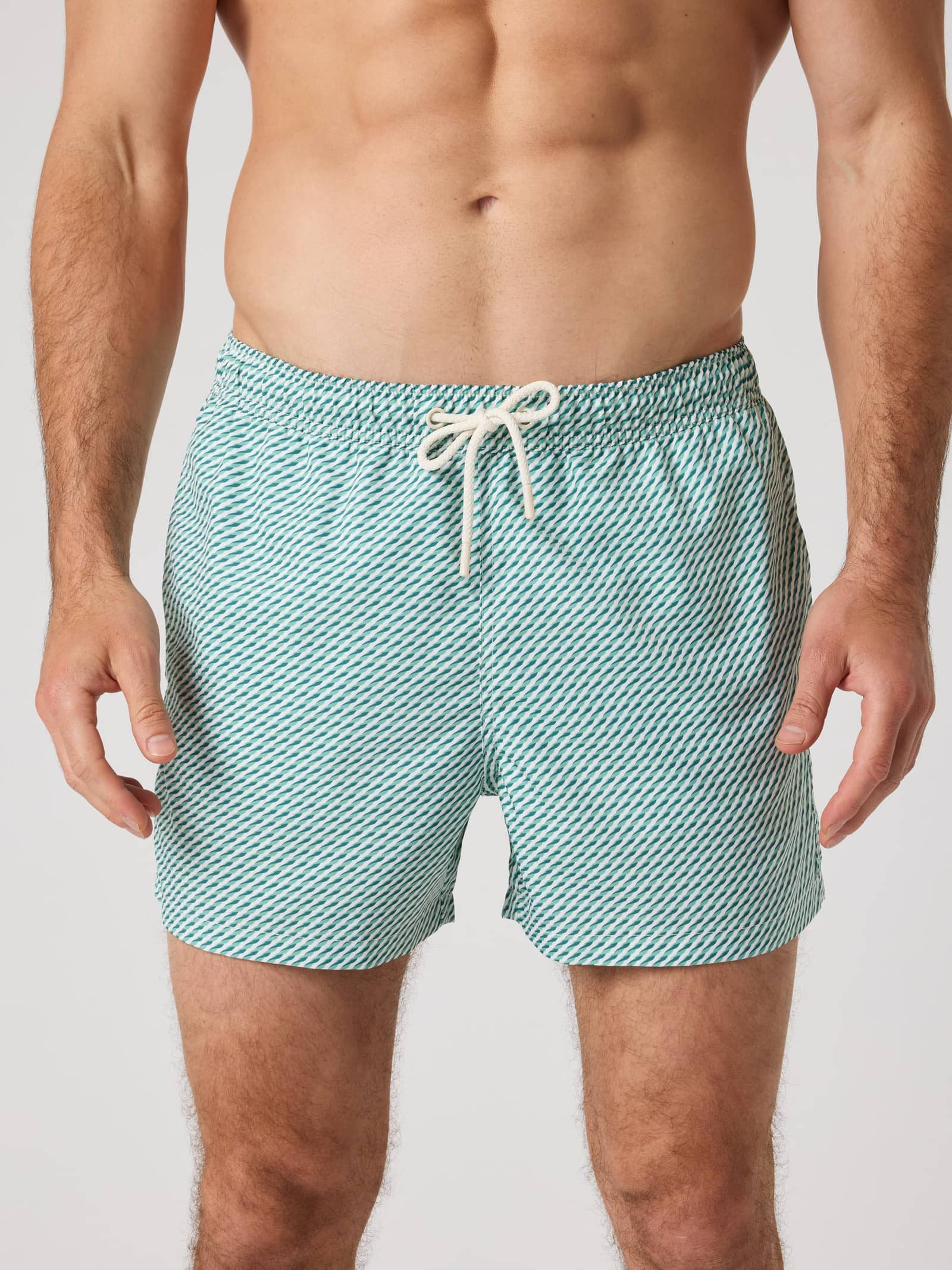 Borg Print Swim Shorts in Candy Stripe 4 (Multi) met een groen-wit diagonaal streeppatroon, getoond in vooraanzicht. - Image 1