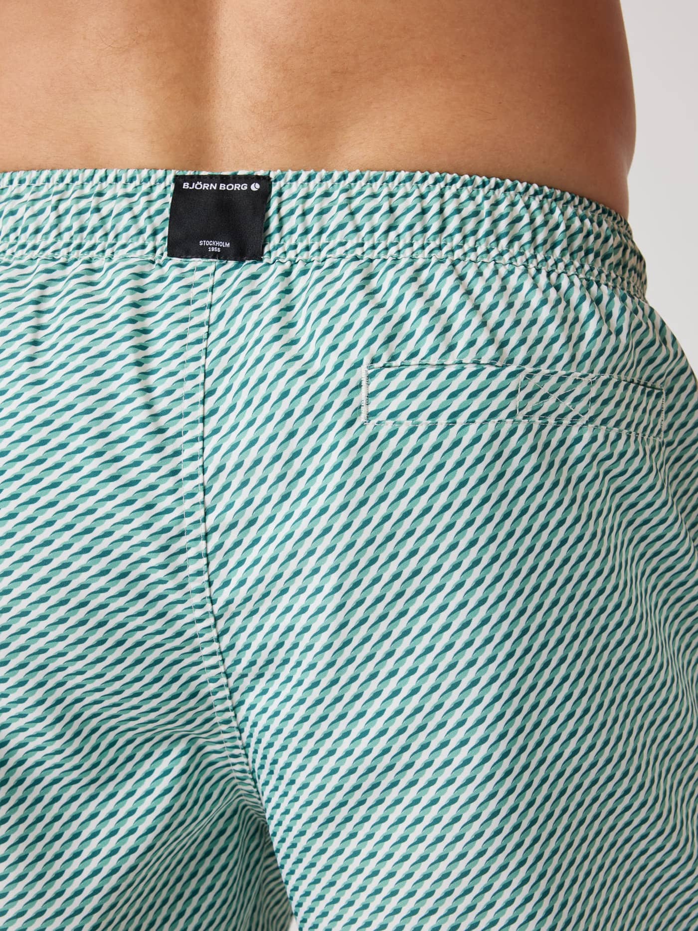 Back close-up of the men's Borg Print Swim Shorts in green and white Candy Stripe 4 (Multi) with a black logo label. - Image 5