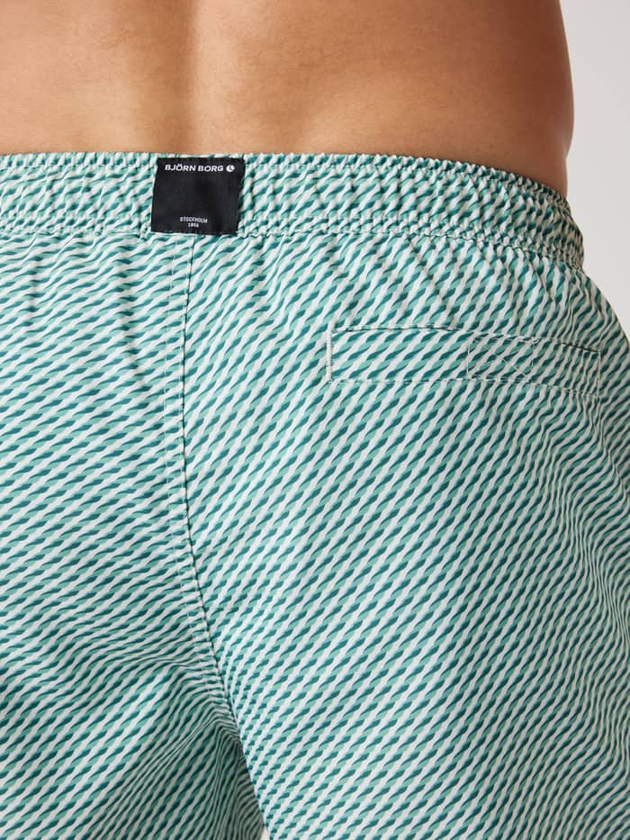 Achteraanzicht close-up van de heren Borg Print Swim Shorts in groen en wit Candy Stripe 4 (Multi) met een zwart logo-label. - Image 5