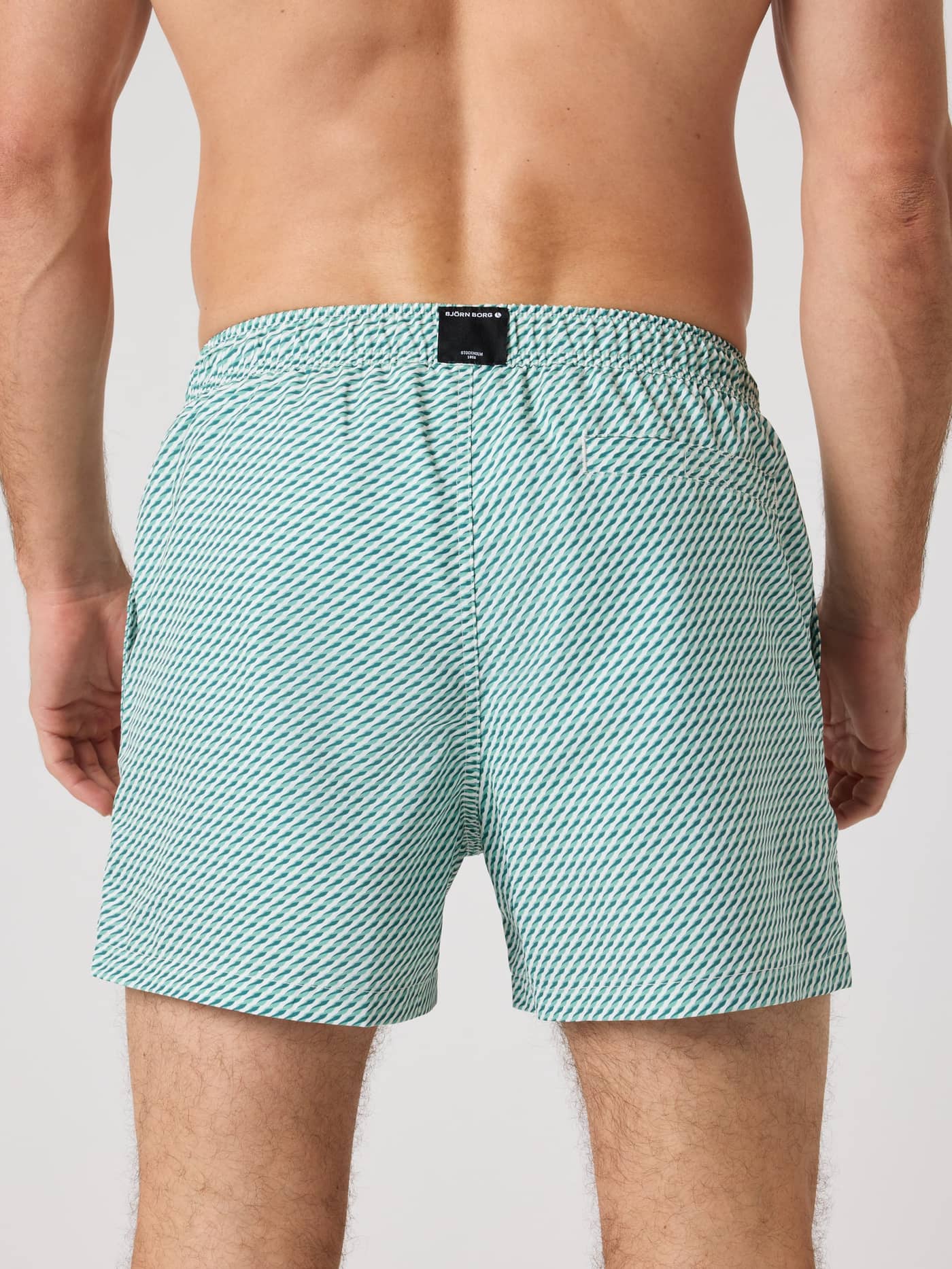 Back view of a man wearing the Borg Print Swim Shorts in Candy Stripe 4 (Multi) with a black logo tag and quick-dry fabric. - Image 2