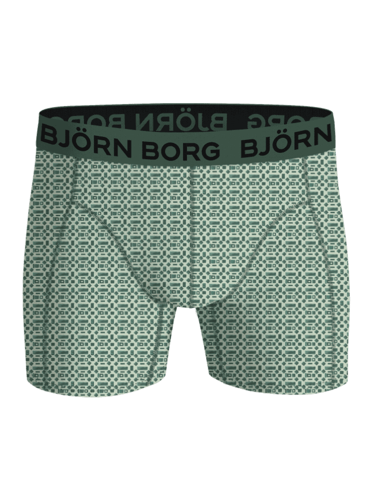 Vista frontal del Bamboo Cotton Blend Boxers 3-pack en verde y negro con estampado geométrico y cinturilla con logo negro. - Image 4