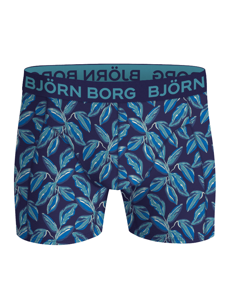Bamboo Cotton Blend Boxers 3-pack in blue and navy leaf print, these soft bamboo viscose boxer briefs feature a blue logo. - Image 4