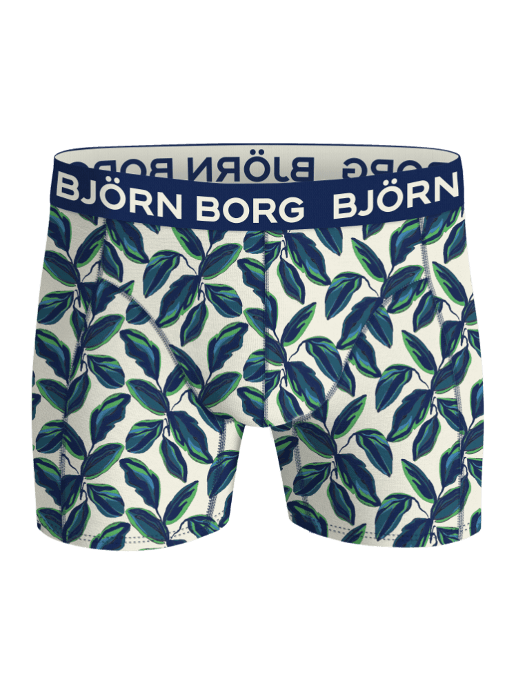 Bamboo Cotton Blend Boxers 2-pack à imprimé feuilles vert et bleu avec logo blanc offrant style et fonction. - Image 2