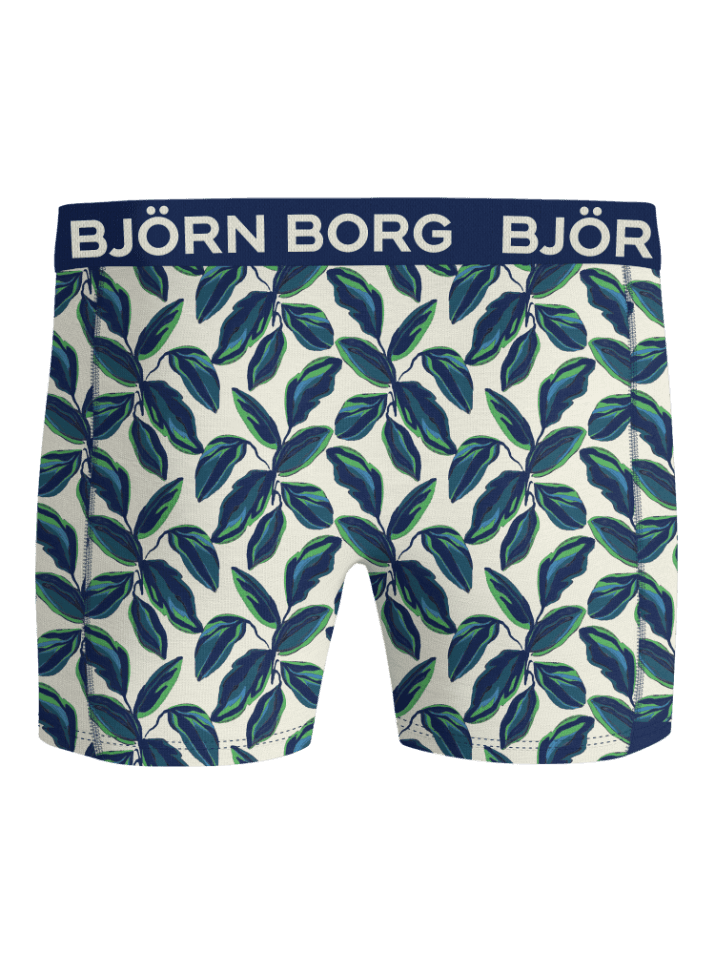 Vue de face du Bamboo Cotton Blend Boxers 2-pack à imprimé feuilles vert et bleu avec ceinture logo marine. - Image 3