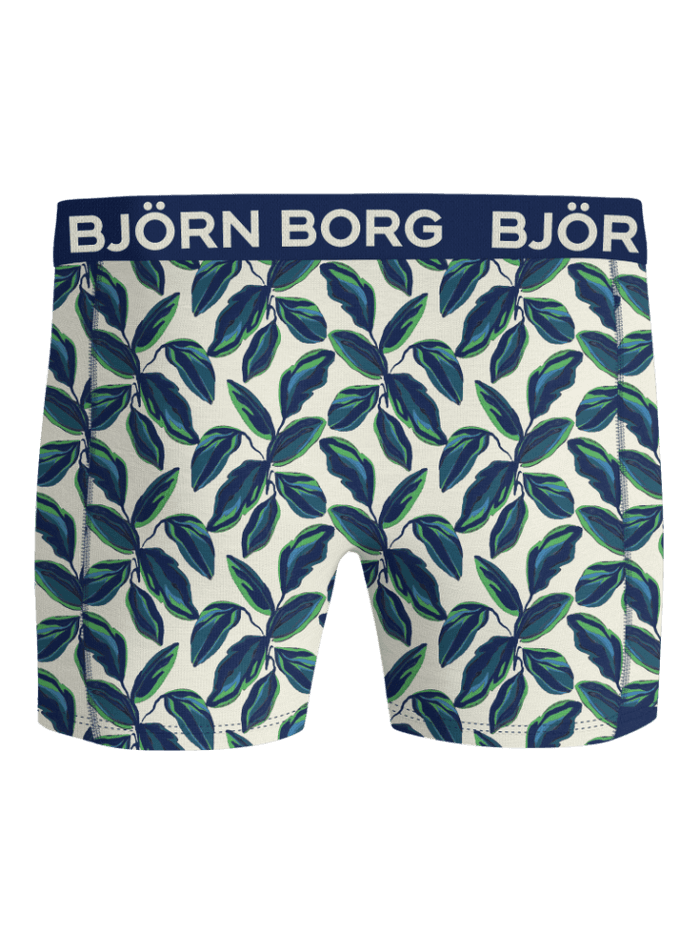 Bamboo Cotton Blend Boxers 2-pack i bambus og bomuld med grønt og blåt bladprint og mørkeblå logolinning set forfra. - Image 3