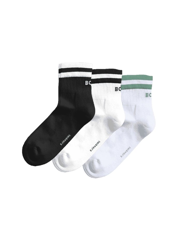 Classic Mid Ankle Socks 3-pack in zwart, wit en groen van een katoenmix met geribbelde boorden voor een goede pasvorm.