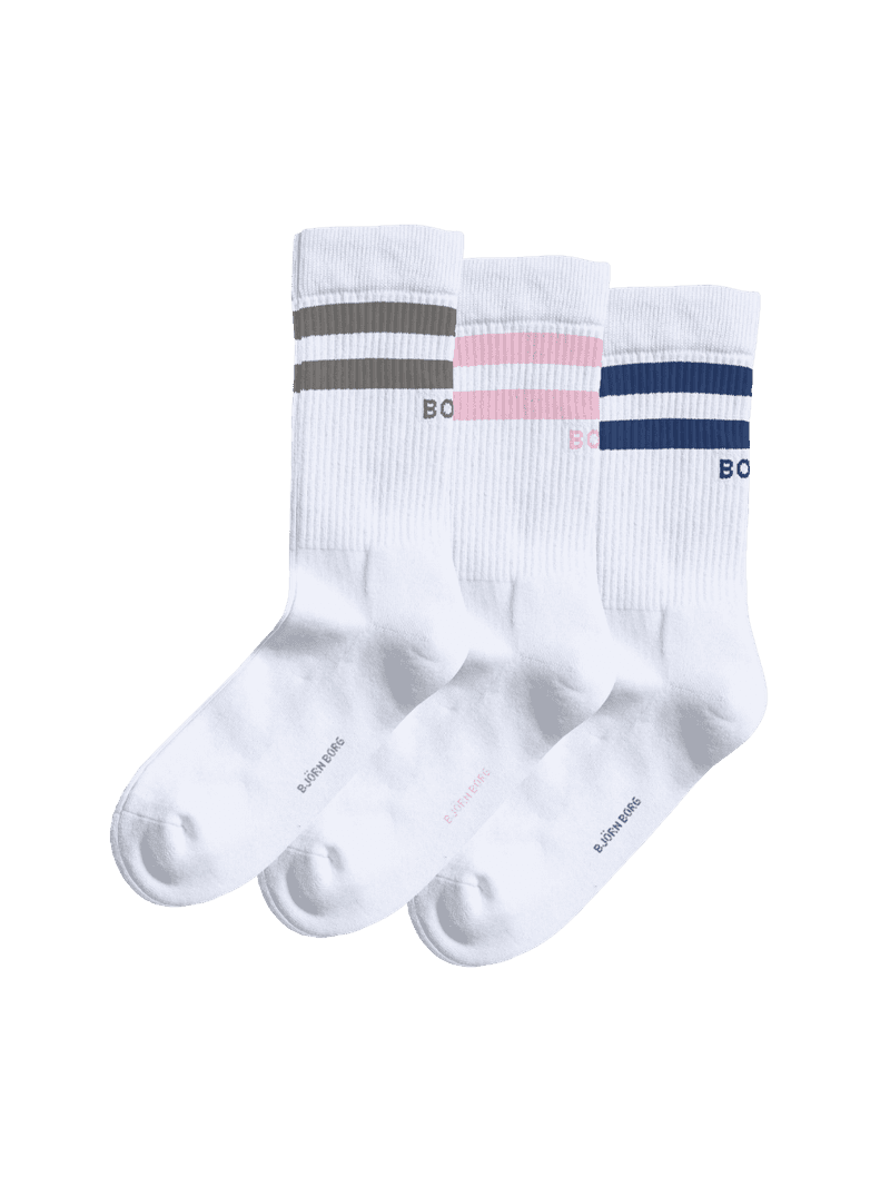 Classic Crew Socks 3-pack in white with grey, pink, and navy stripes, crafted from a soft cotton blend for everyday comfort.