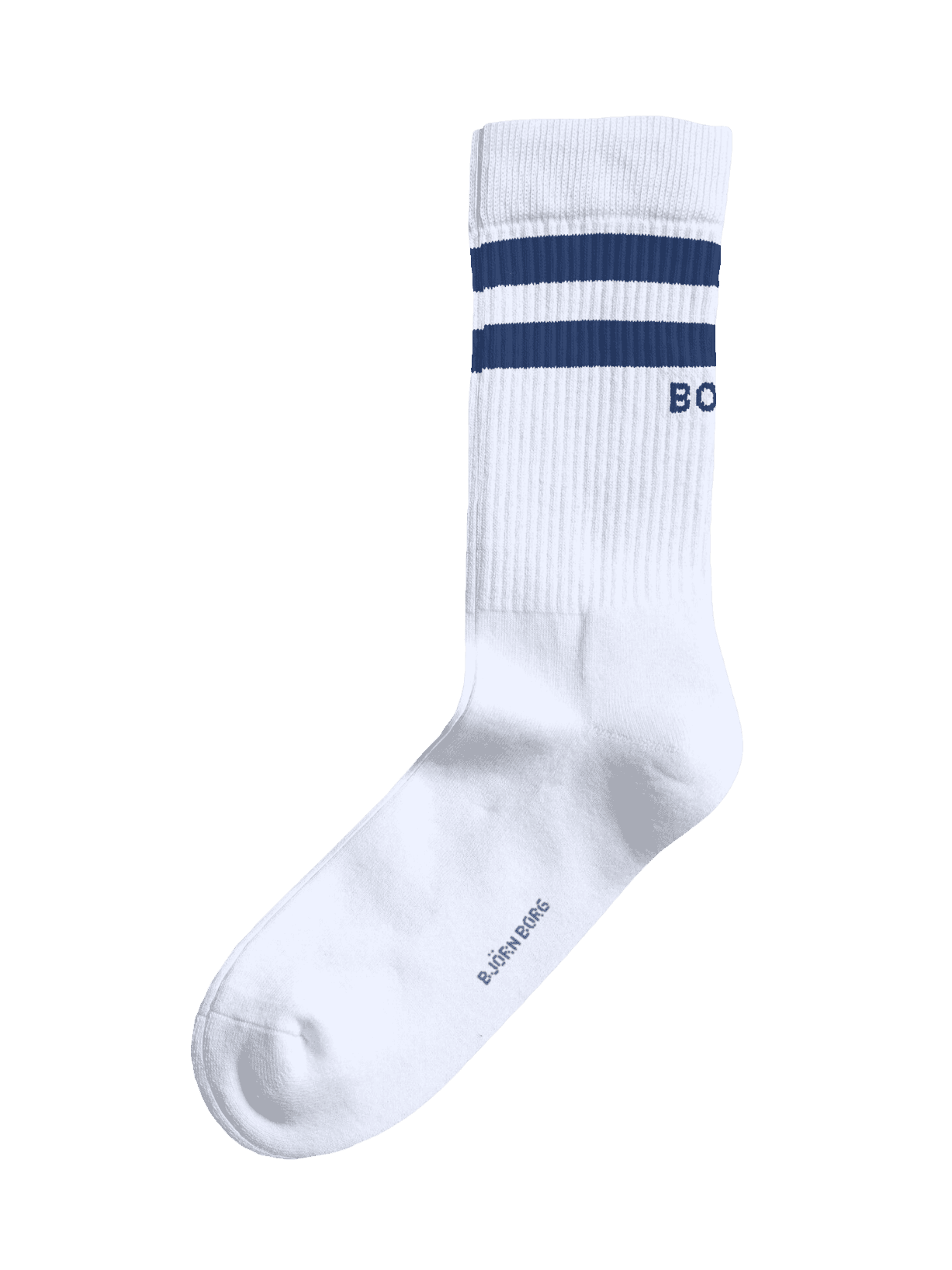 White Classic Crew Socks 3-pack in soft cotton featuring navy blue stripes and a matching logo on the ribbed ankle. - Image 4