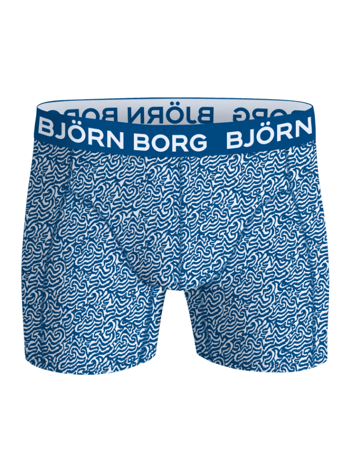 Vue de face du Cotton Stretch Boxers 7-pack à imprimé abstrait bleu et blanc avec ceinture à logo blanc. - Image 6