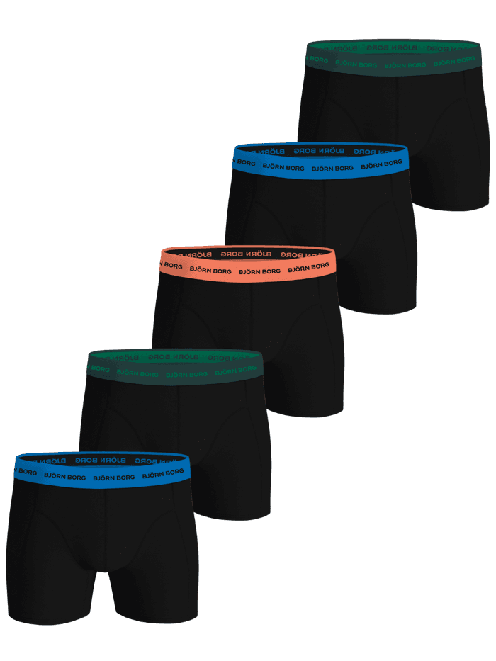 Cotton Stretch Boxers 5-pack noirs en coton avec ceintures bleu, vert et orange à logos pour homme.