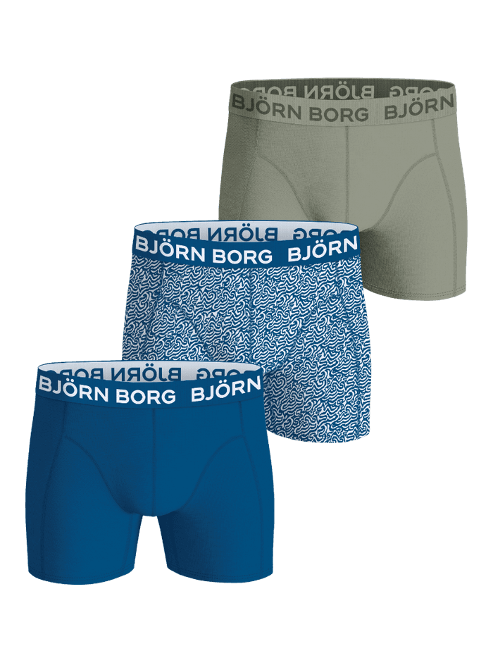 Cotton Stretch Boxers 3-pack til mænd i grøn, blå og blåt mønster i blød bomuldsstretch med logolining.