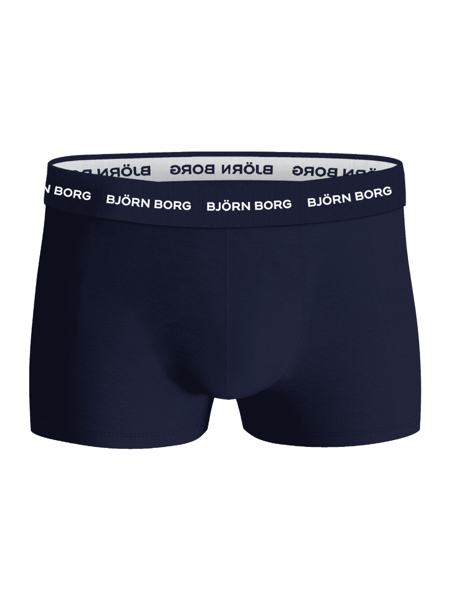 Marinblå Cotton Stretch Trunks 5-pack sedda framifrån med vit Björn Borg-logotyp på resåren. - Image 4