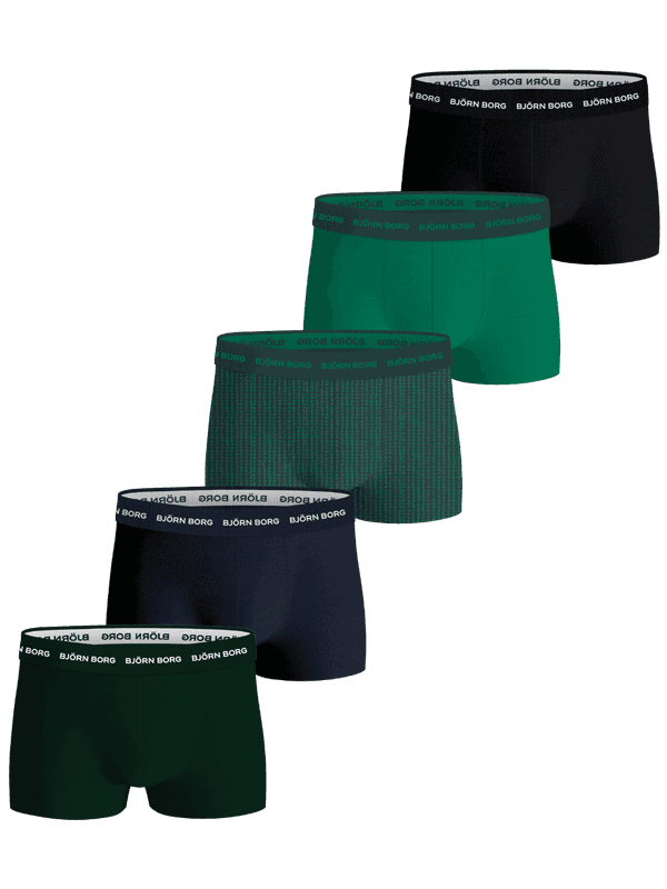 Cotton Stretch Trunks 5-pack för män i svart, grönt, marinblått och mönstrat med vit logotyp för stil och funktion.