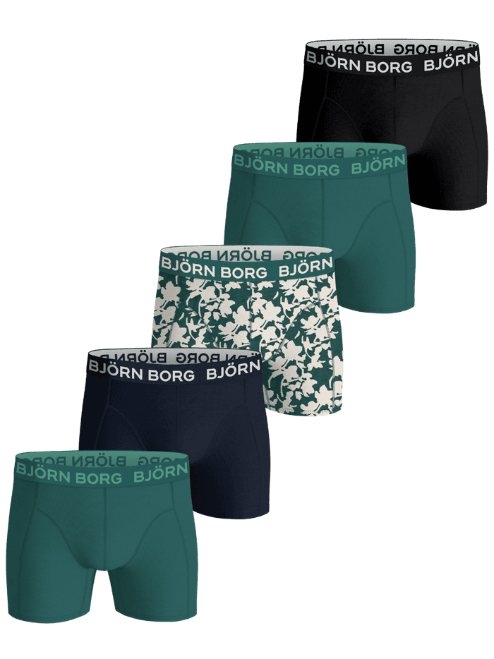 Cotton Stretch Boxers 5-pack för barn i svart, marinblått, grönt och mönstrat med vit Björn Borg-logotyp på resåren.
