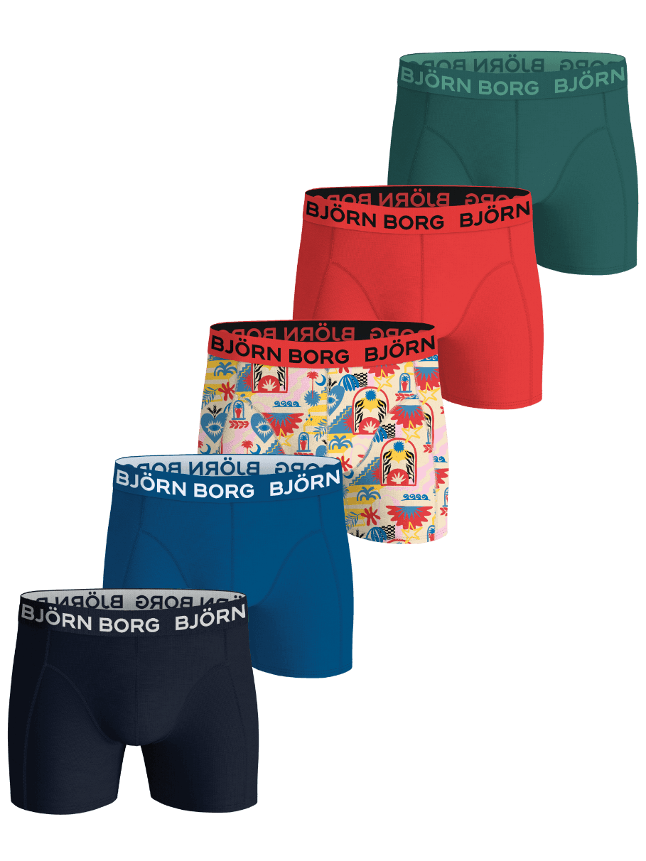 Cotton Stretch Boxers 5-pack for kids in green, red, blue, navy, and a colorful print with iconic Björn Borg waistbands. - Image 1