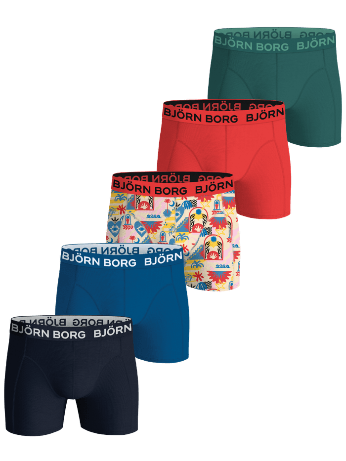 Cotton Stretch Boxers 5-pack for kids in green, red, blue, navy, and a colorful print with iconic Björn Borg waistbands.