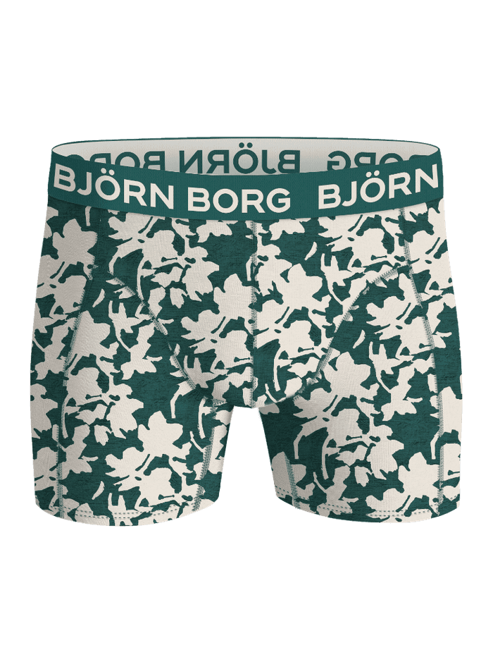 Vooraanzicht van de Björn Borg Cotton Stretch Boxers 5-pack voor kids met groene en witte bladerprint en wit logo. - Image 5