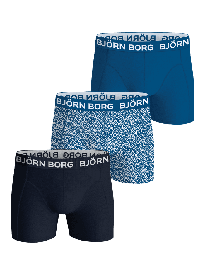 Cotton Stretch Boxers 3-pack til kids i blå, marineblå og wave print med hvidt logo og blødt bomuldsstretch. - Image 1